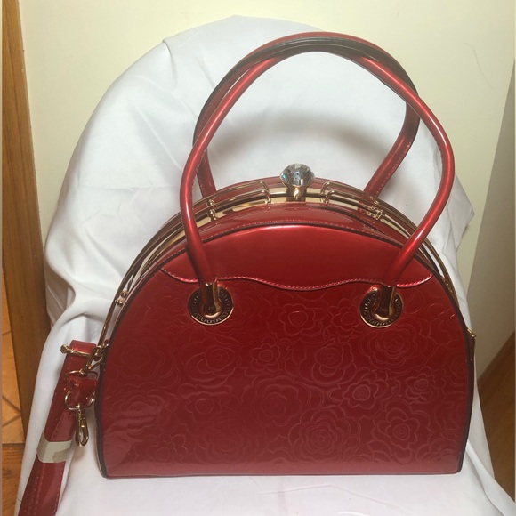 Handbags - Red Floral Patent Dome Handbag with Gold Accents